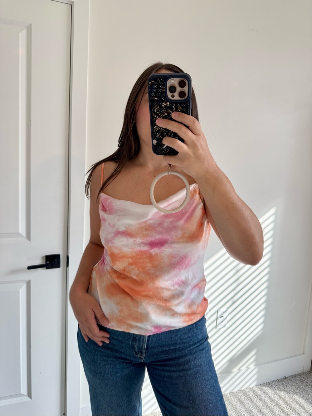 WAYF pink orange satin cowl neck camisole top size M
